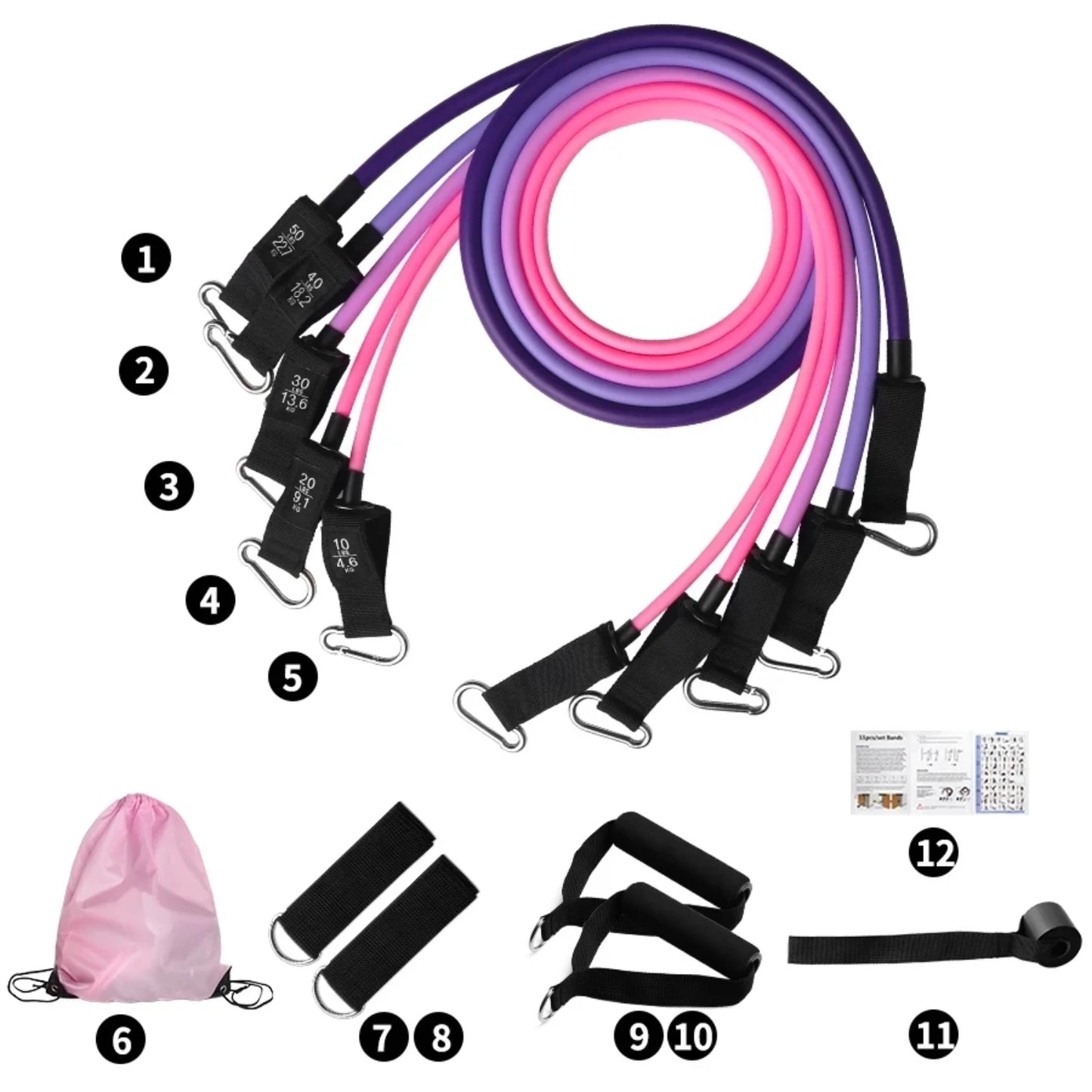 High-resistance tube bands for yoga and fitness, total resistance up to 150 pounds