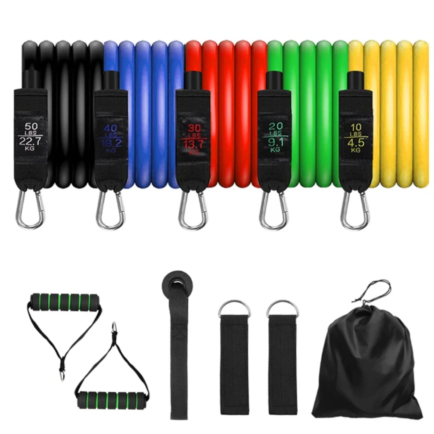 Heavy resistance yoga band set with tubes offering up to 150 lbs tension