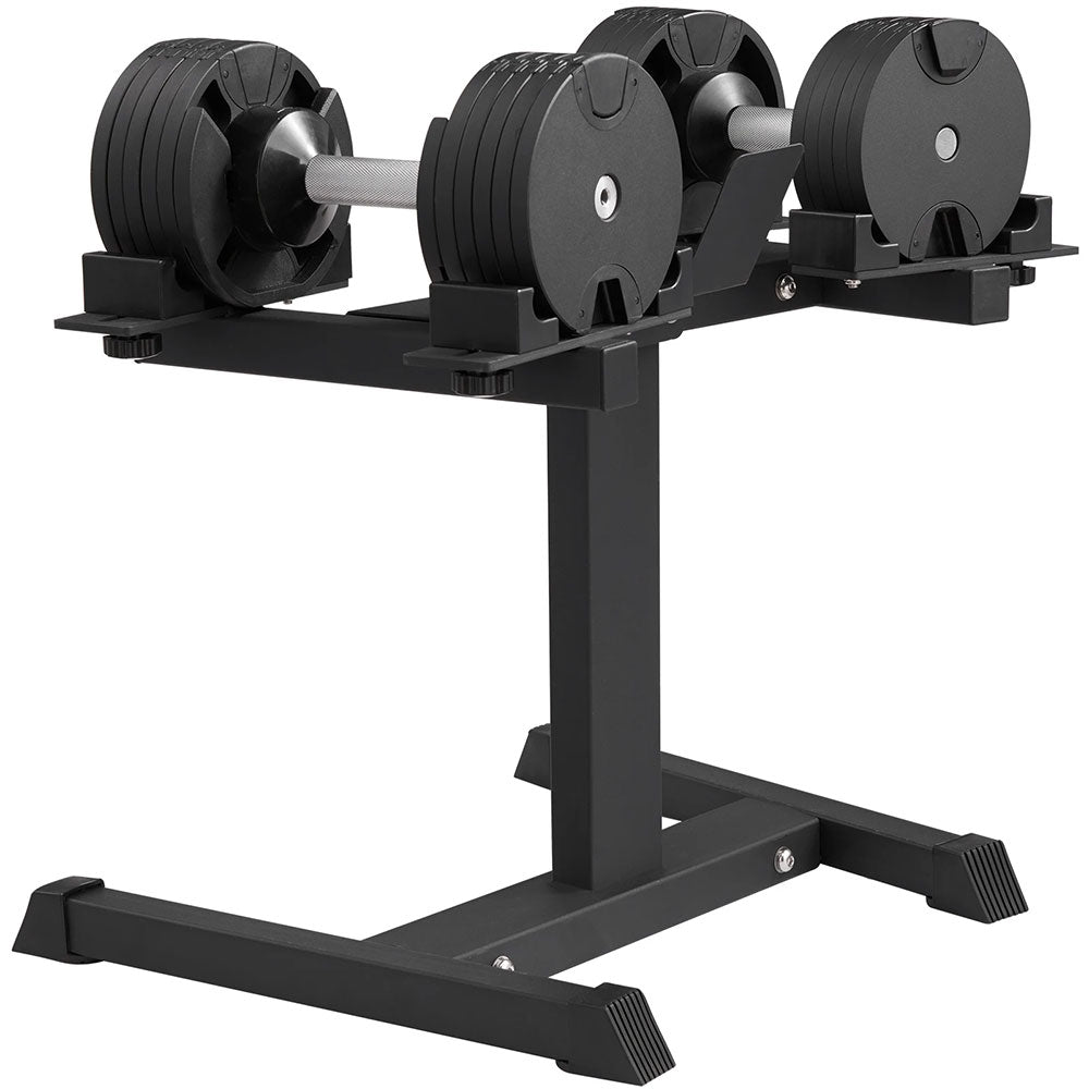 Adjustable dumbbell stand with 300 lbs capacity for organized weight storage.