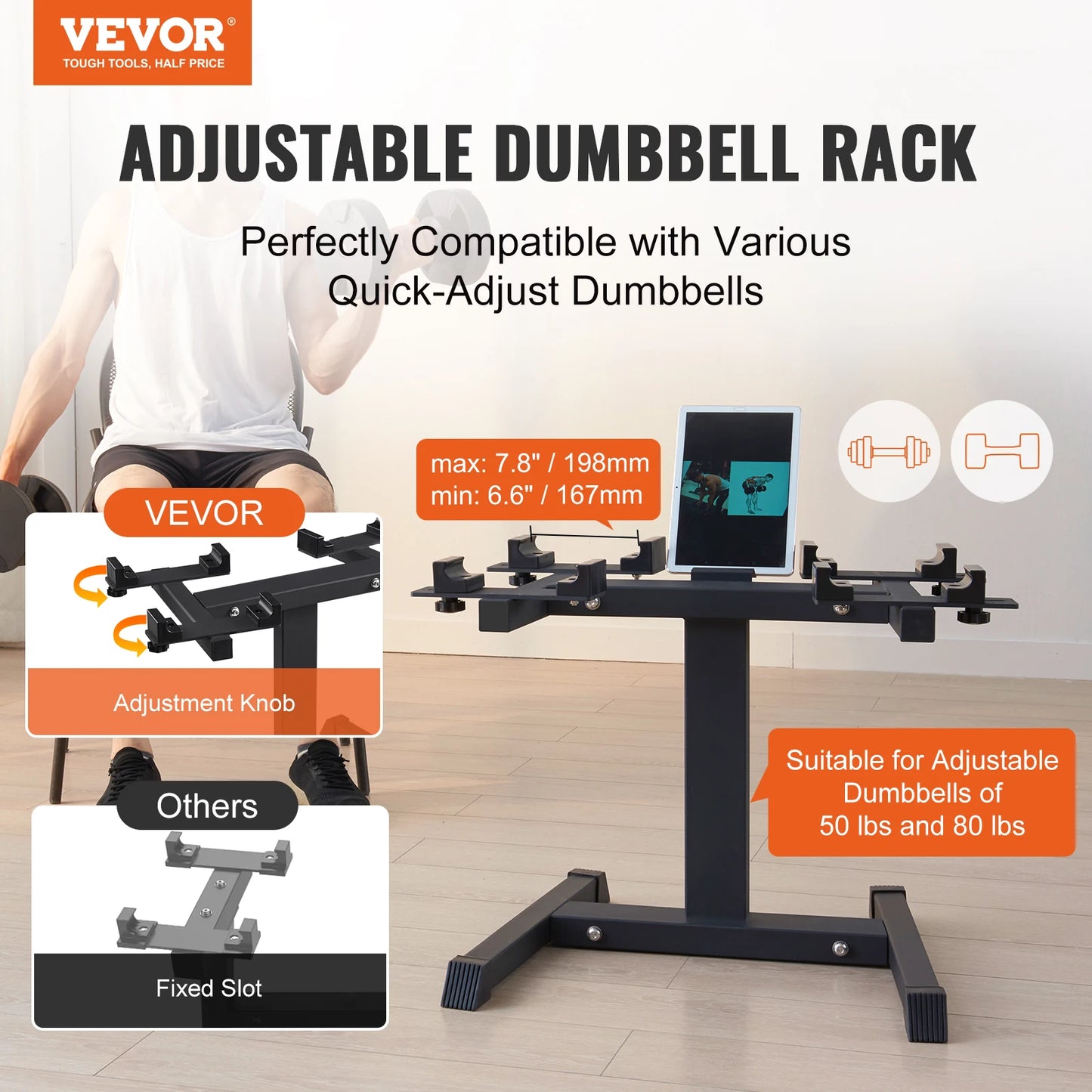 Heavy-duty dumbbell stand built to hold up to 300 pounds of weights.