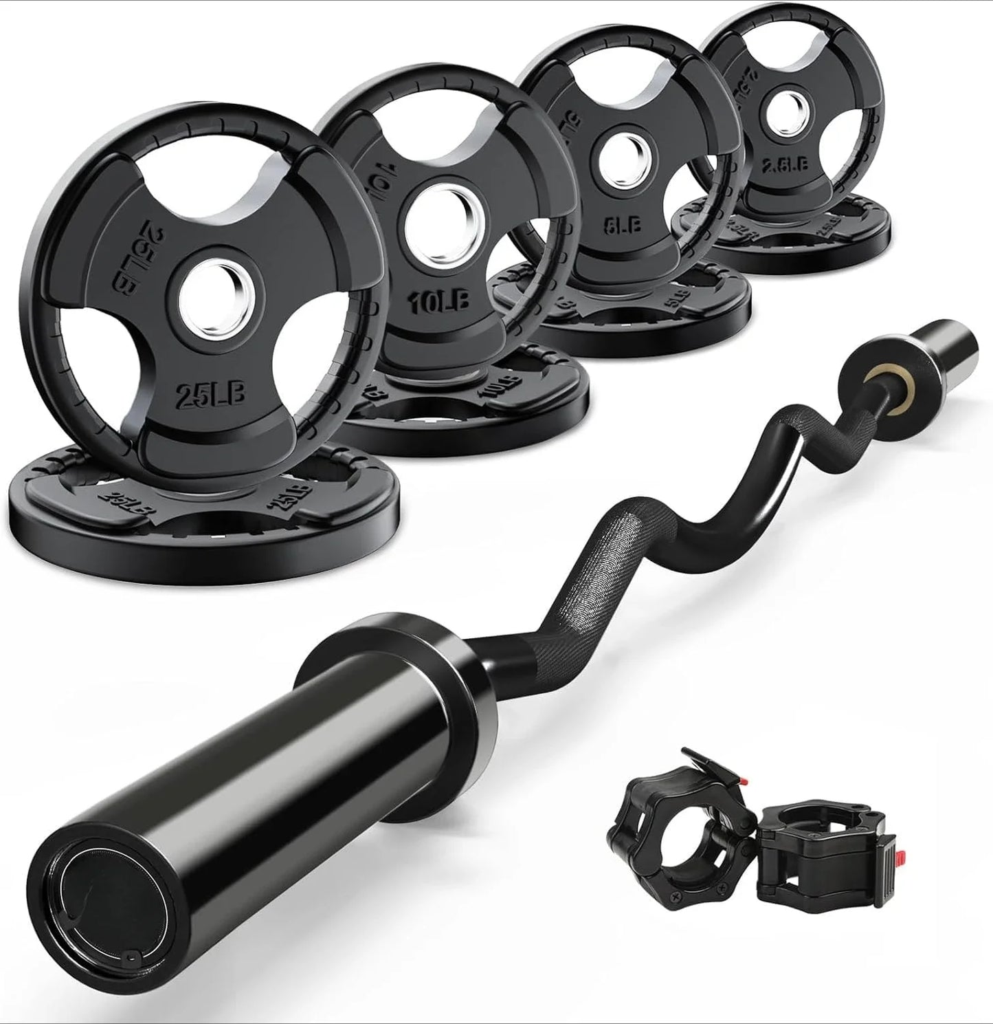 Barbell and weight kit combo with 85 pounds for beginner and advanced lifters.