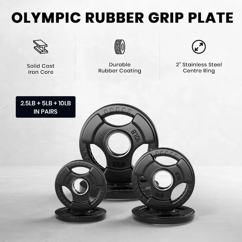 Complete barbell set with 85 lbs of weights for full-body workouts.