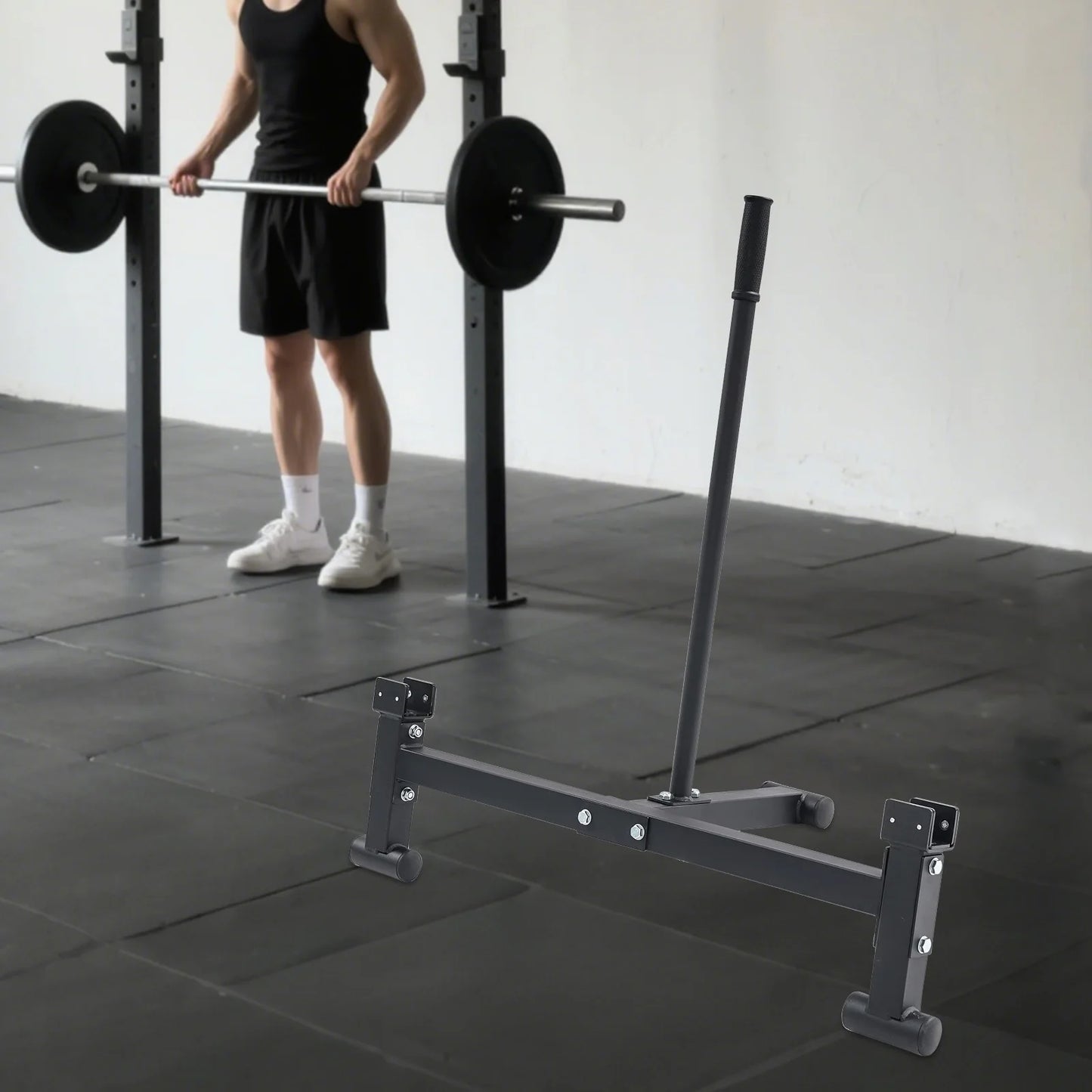 Lightweight and portable barbell jack stand for lifting and loading ease.
