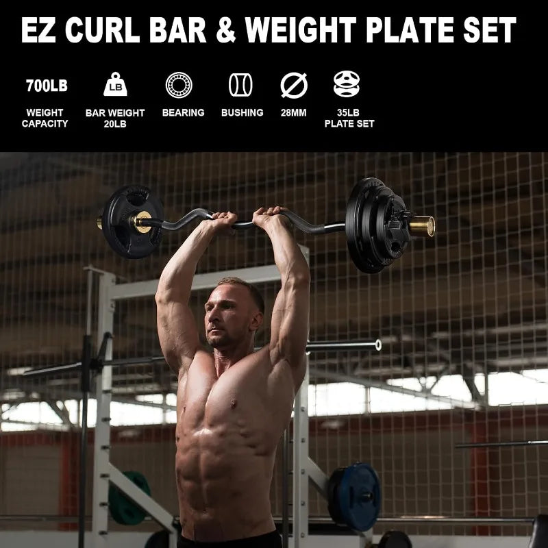 Strength training barbell set includes 85 lbs of plates and a durable bar.