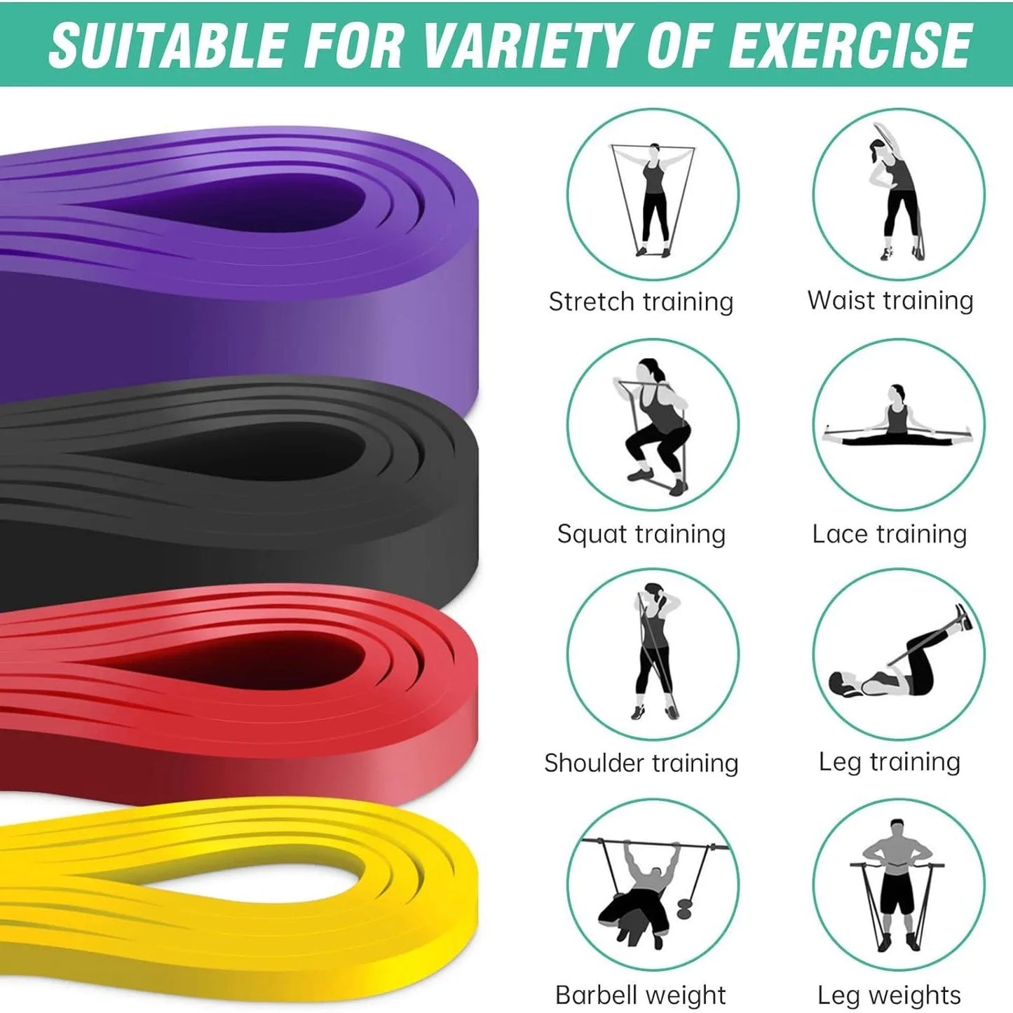 Multi-level resistance bands set for beginners to advanced users, 5–125lb