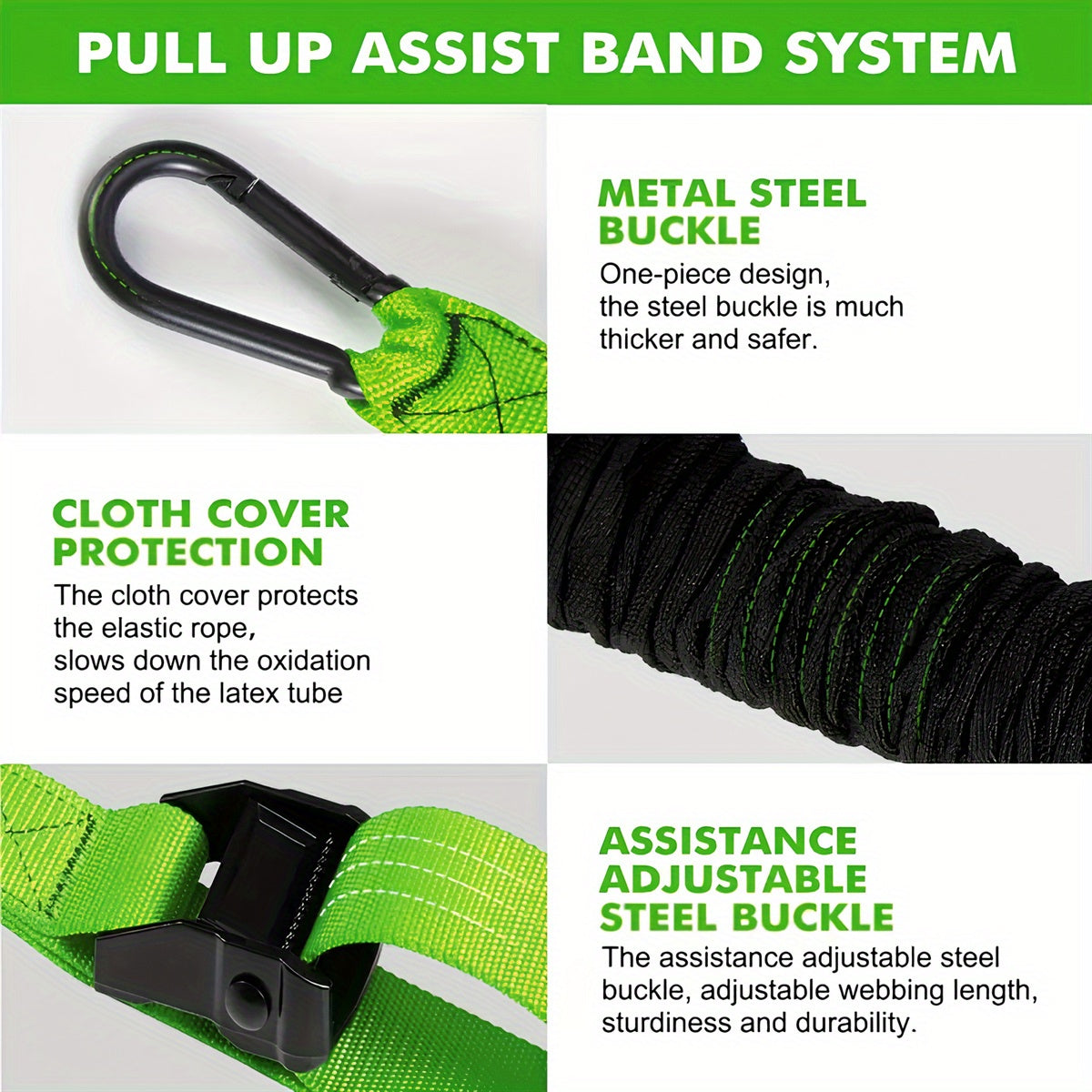 Heavy-duty green exercise bands for pull-up assistance, up to 215 pounds