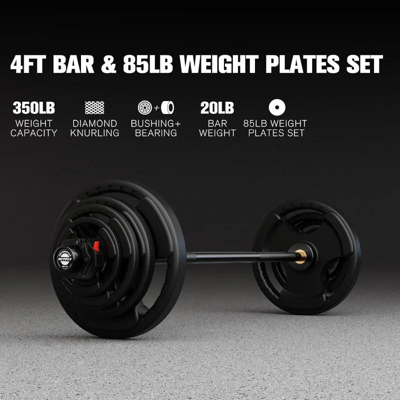 Outdoor barbell set includes 85 lbs of weight plates and a durable 4ft bar.