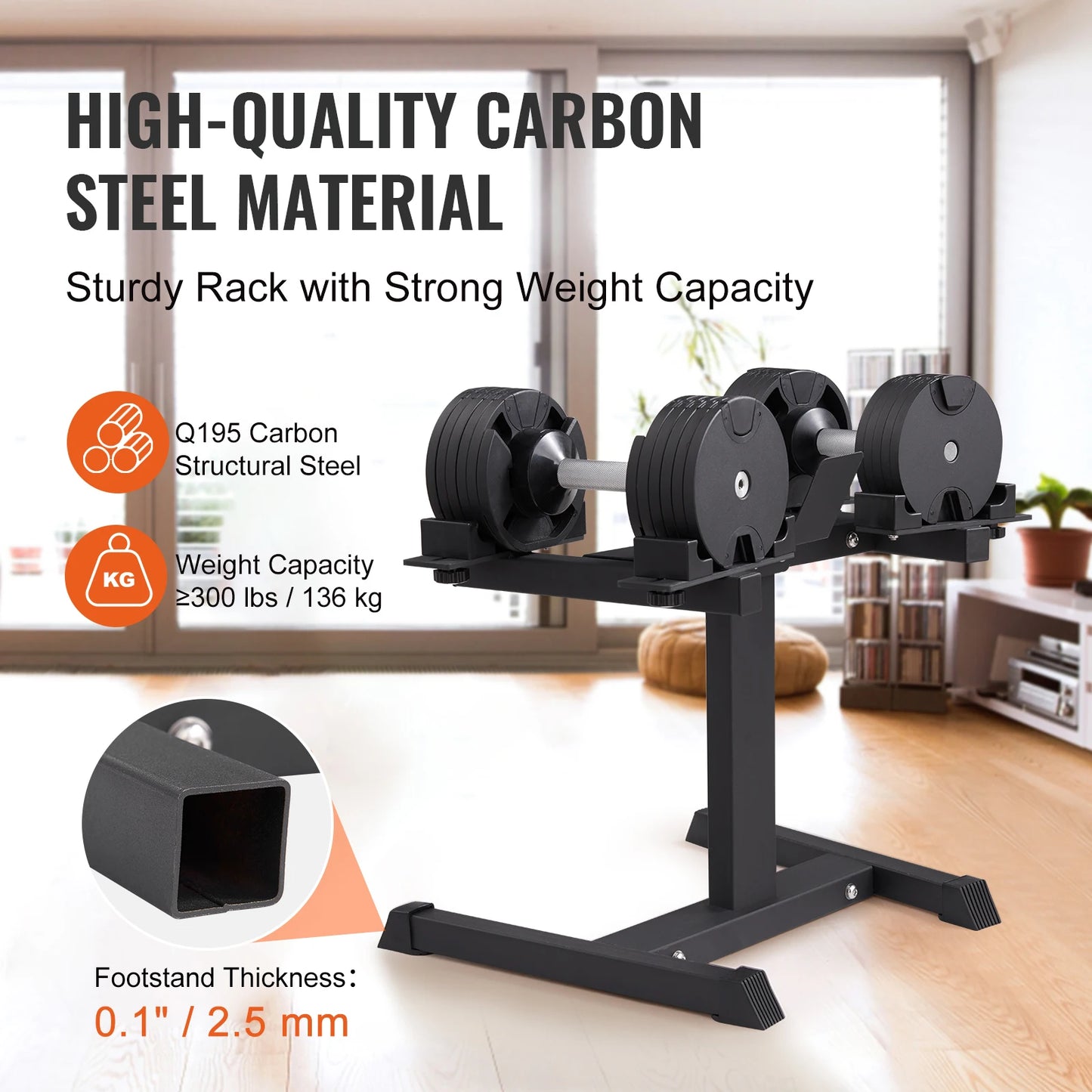 Sturdy adjustable weight stand for dumbbells, supports 300 lbs load.