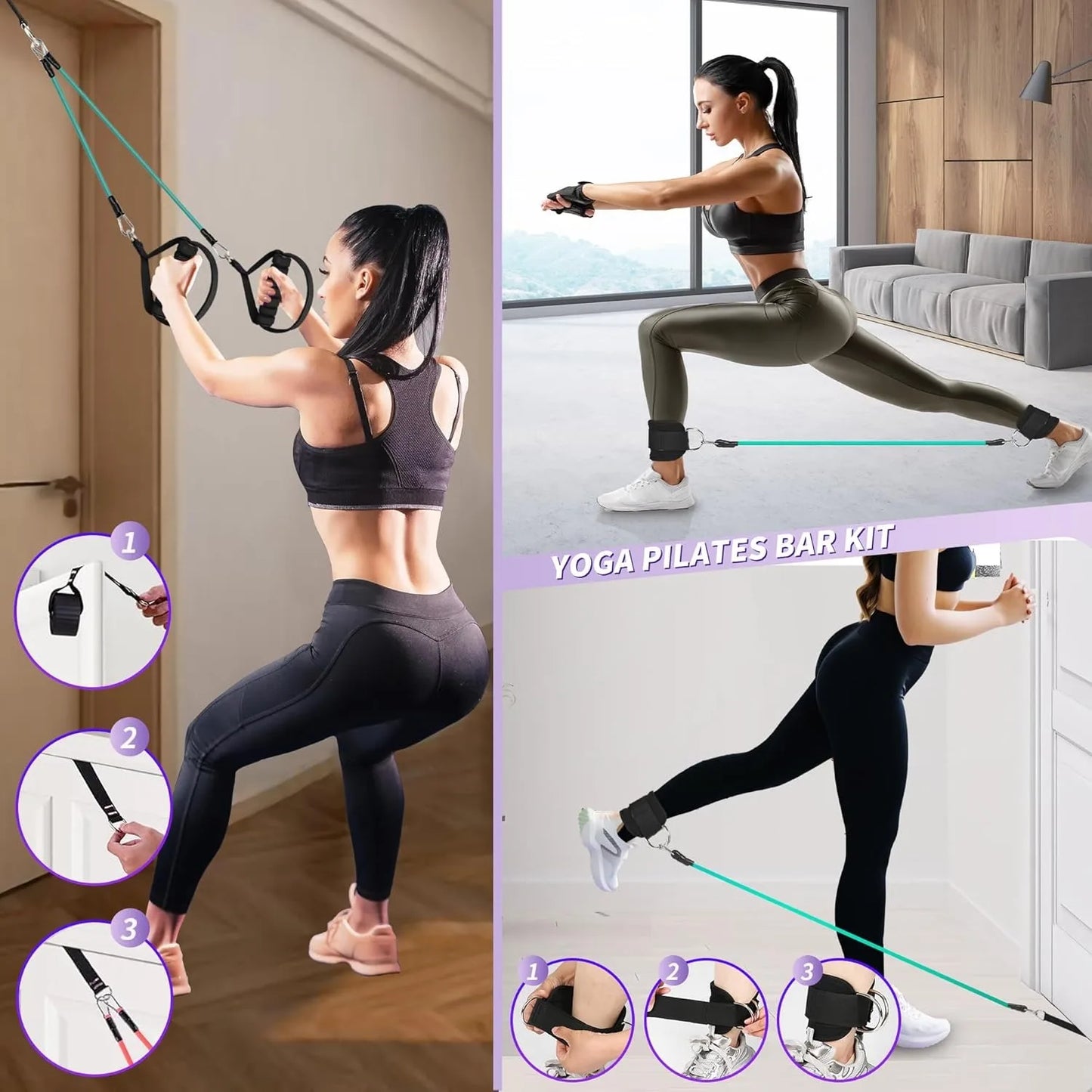 Pilates bar with detachable resistance bands for total body training at home