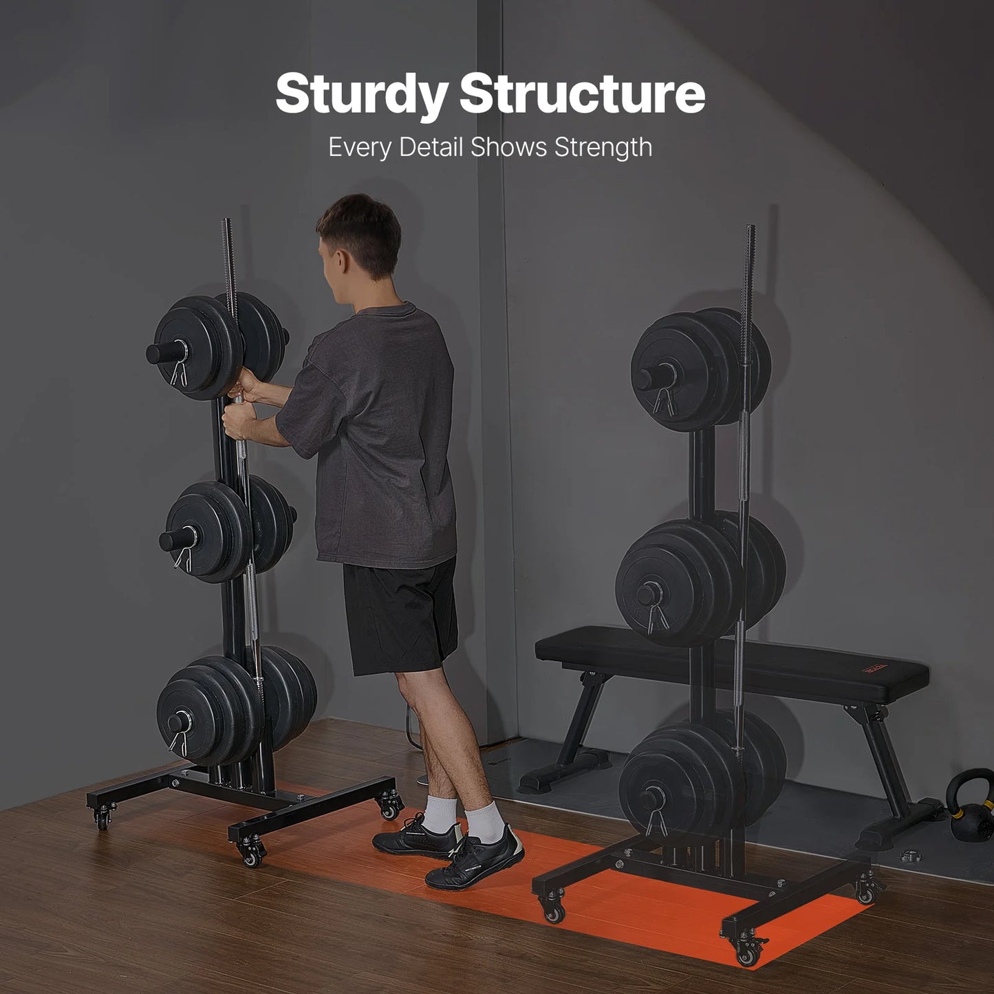 Adjustable and moveable barbell rack with high load capacity for gym use.