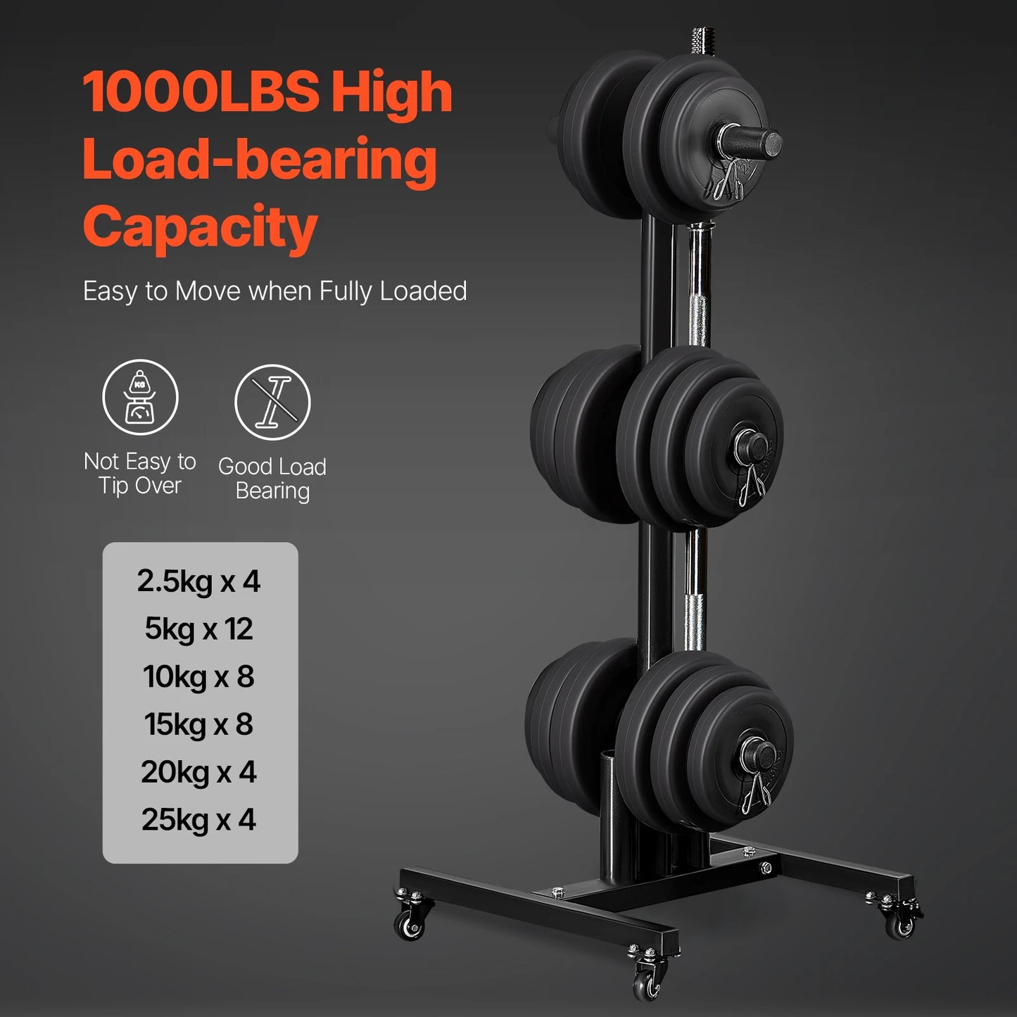 Moveable barbell rack stand with 1000 lbs capacity for home gym storage.