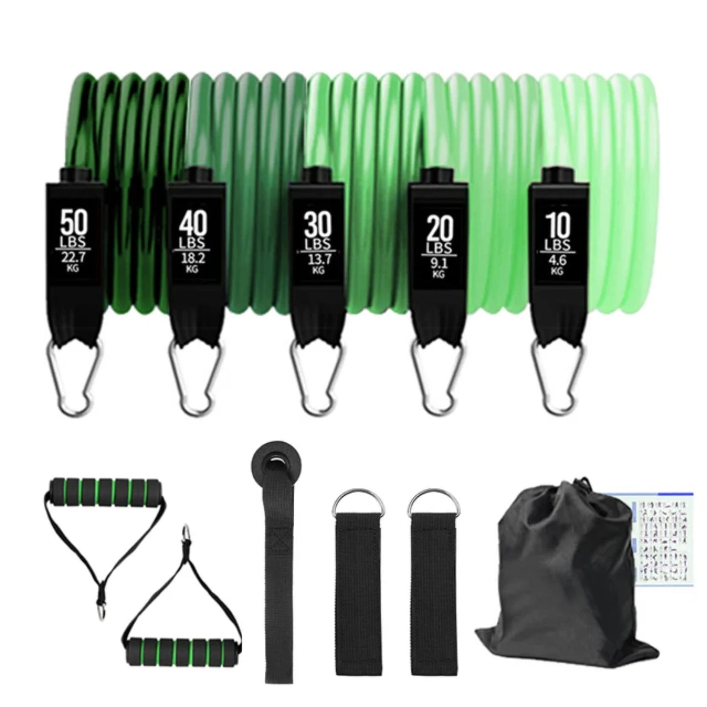Heavy resistance yoga band set with tubes offering up to 150 lbs tension.