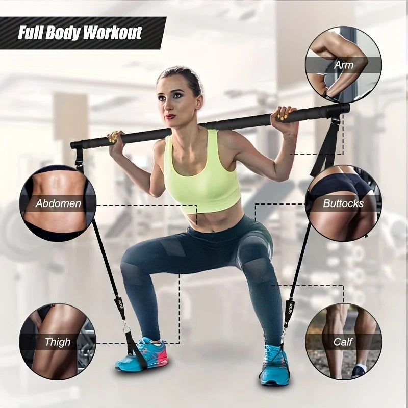 Portable Pilates bar kit with resistance bands for full-body home workouts.