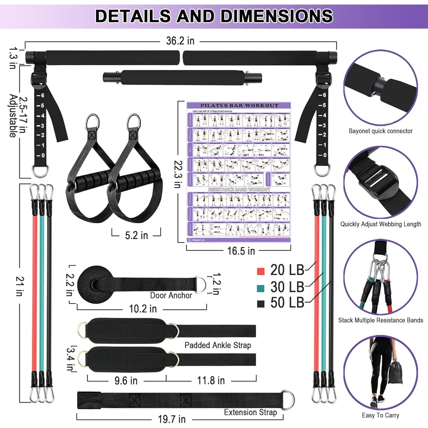 Multifunctional Pilates bar set with bands for strength, toning, and flexibility.