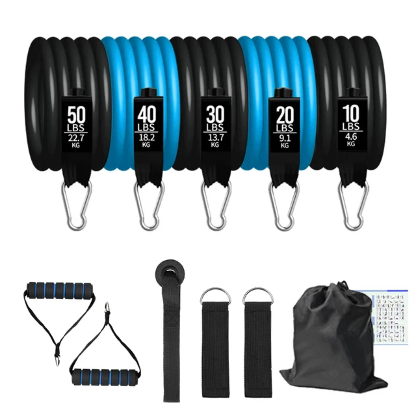 Multi-resistance yoga band set with tubes ranging up to 150 lbs for strength training.