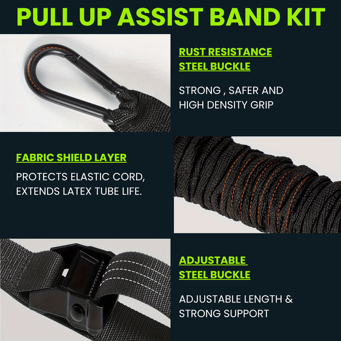 Full set of black resistance bands for assisted pull-ups, up to 215 lbs support