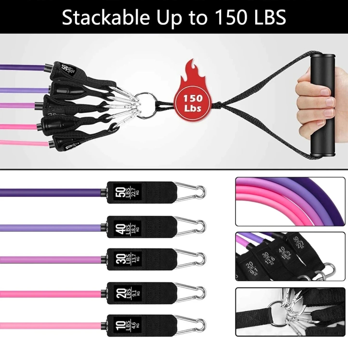 Resistance tube band set with up to 150lbs tension, ideal for yoga and strength training
