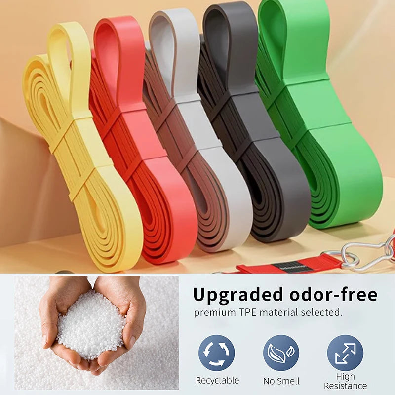 Full set of resistance bands offering 5 to 125 pounds of tension for strength training