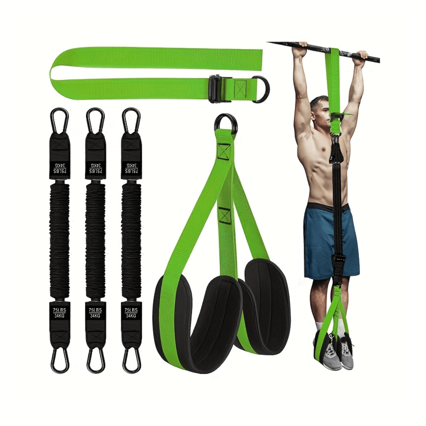 Green pull-up assist bands in various resistance levels for workouts.
