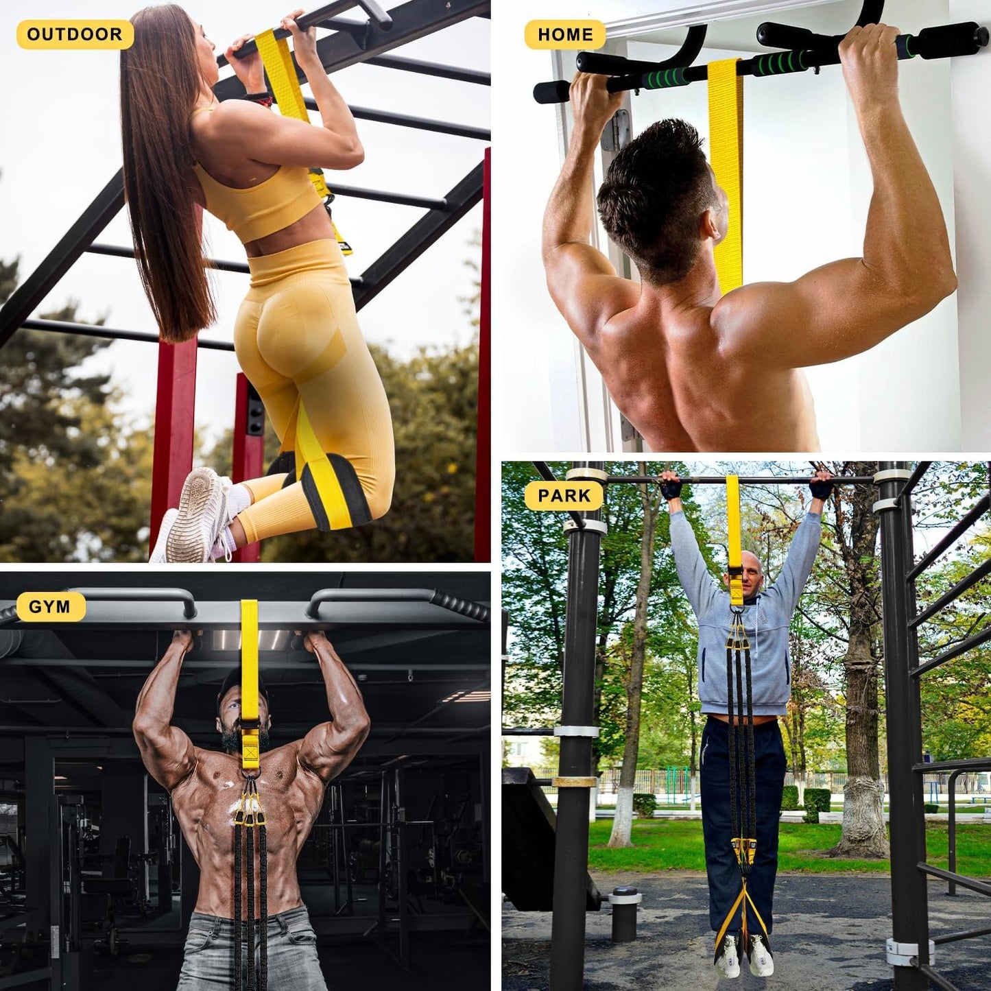Durable yellow pull-up assist bands designed to support heavy workouts