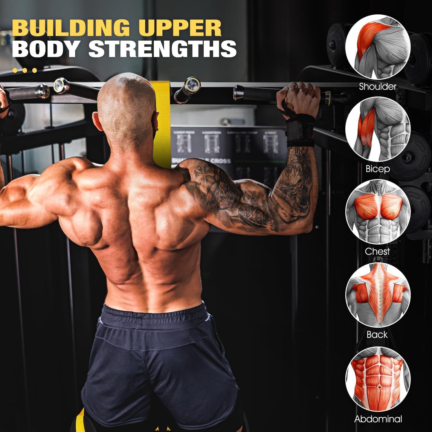Yellow exercise band set for assisted pull-ups with 215 lbs of resistance