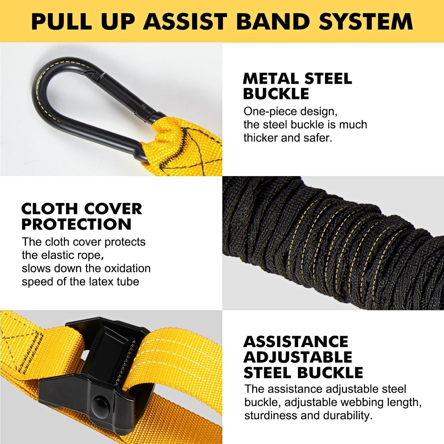 Bright yellow resistance bands for assisted pull-ups, supports up to 215 pounds