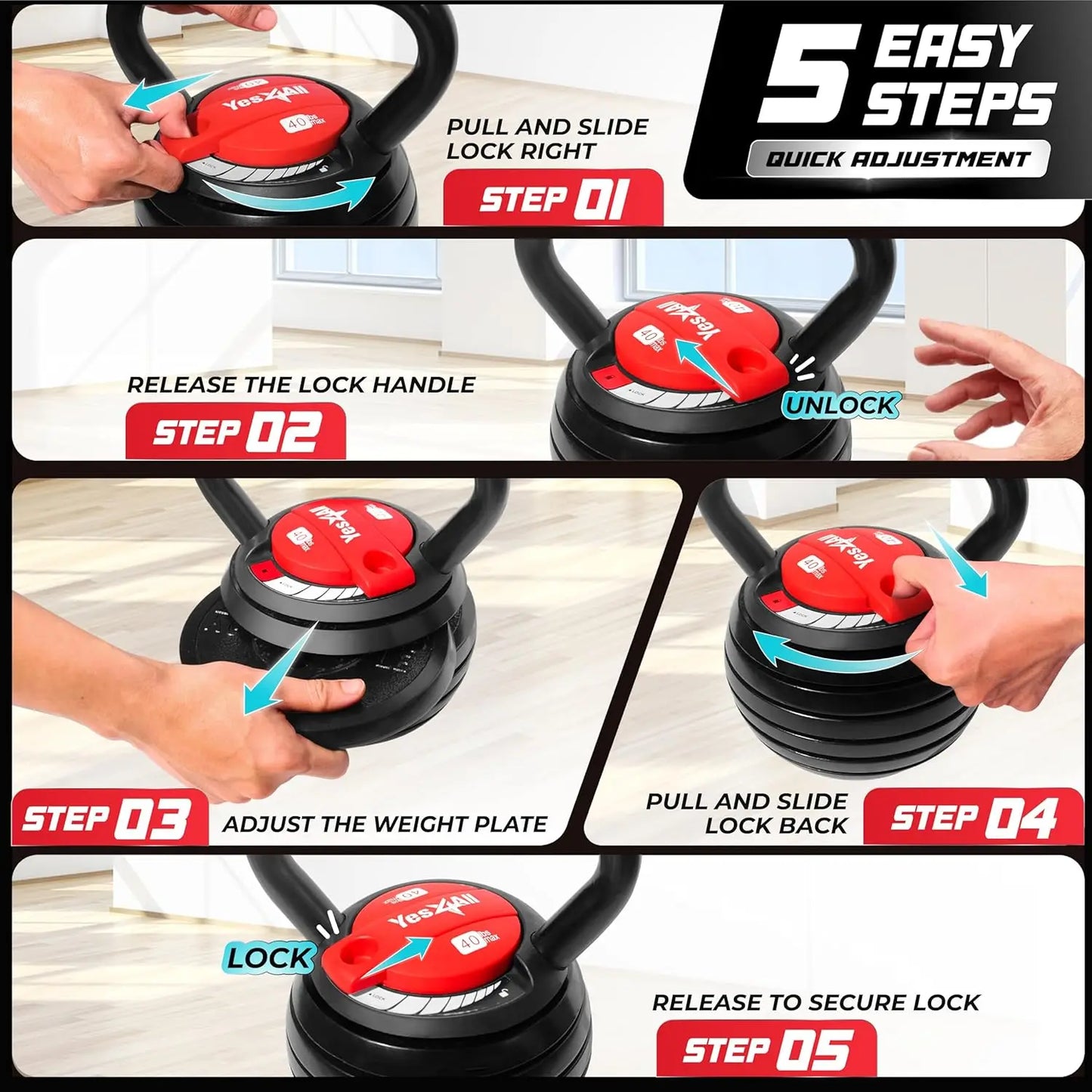 Kettlebell weight set with adjustable plates, total weight up to 40 lbs.