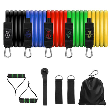 Heavy resistance yoga band set with tubes offering up to 150 lbs tension