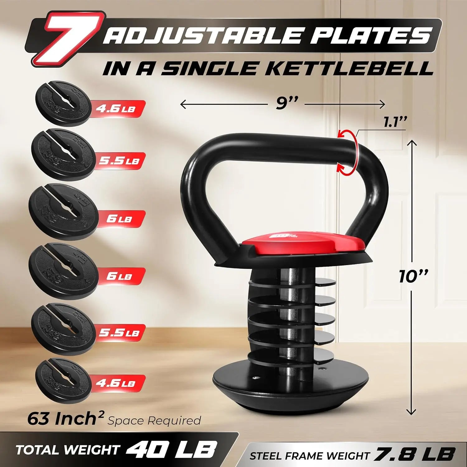 40-pound adjustable kettlebell set for customizable workout resistance.