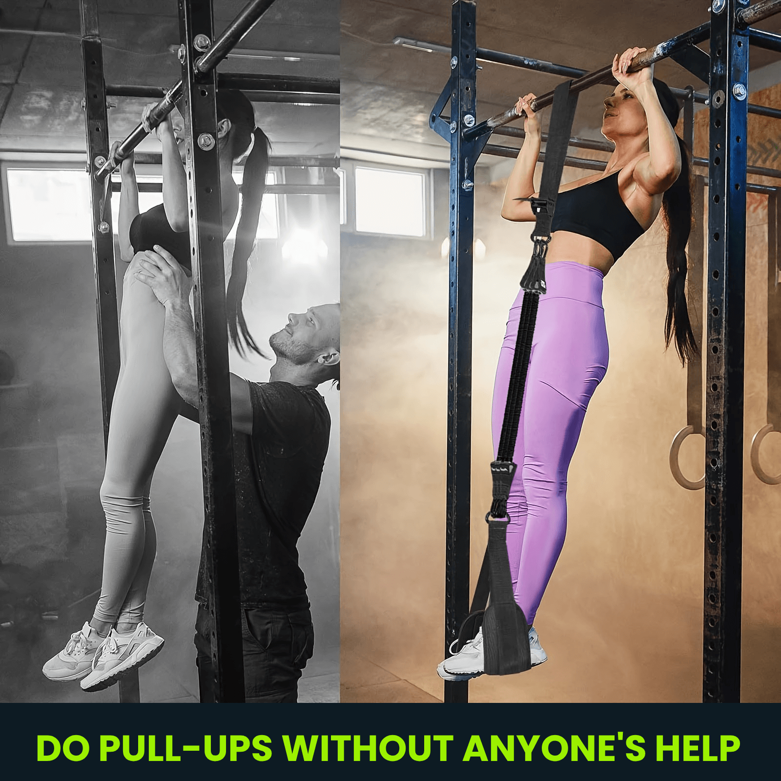 Black pull-up resistance bands designed to support up to 215 lbs for strength building