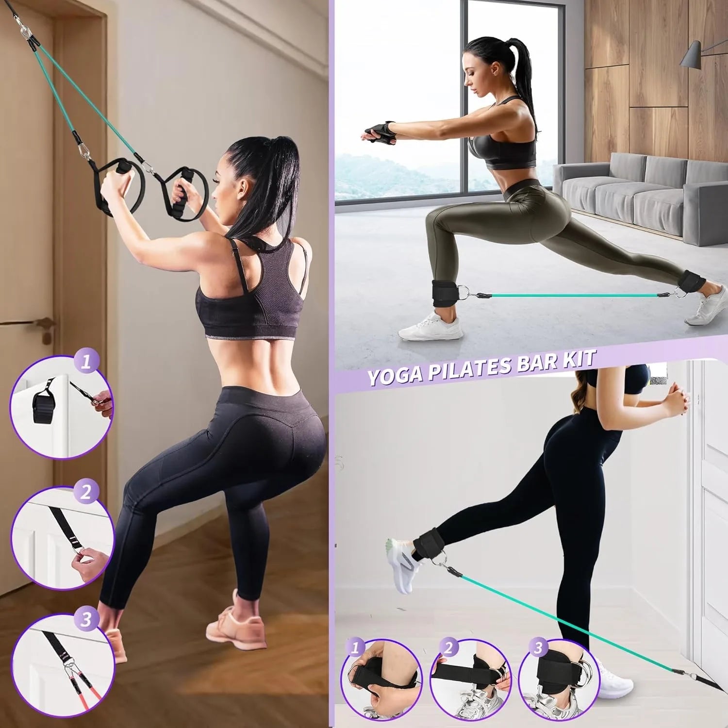 Pilates bar with detachable resistance bands for total body training at home