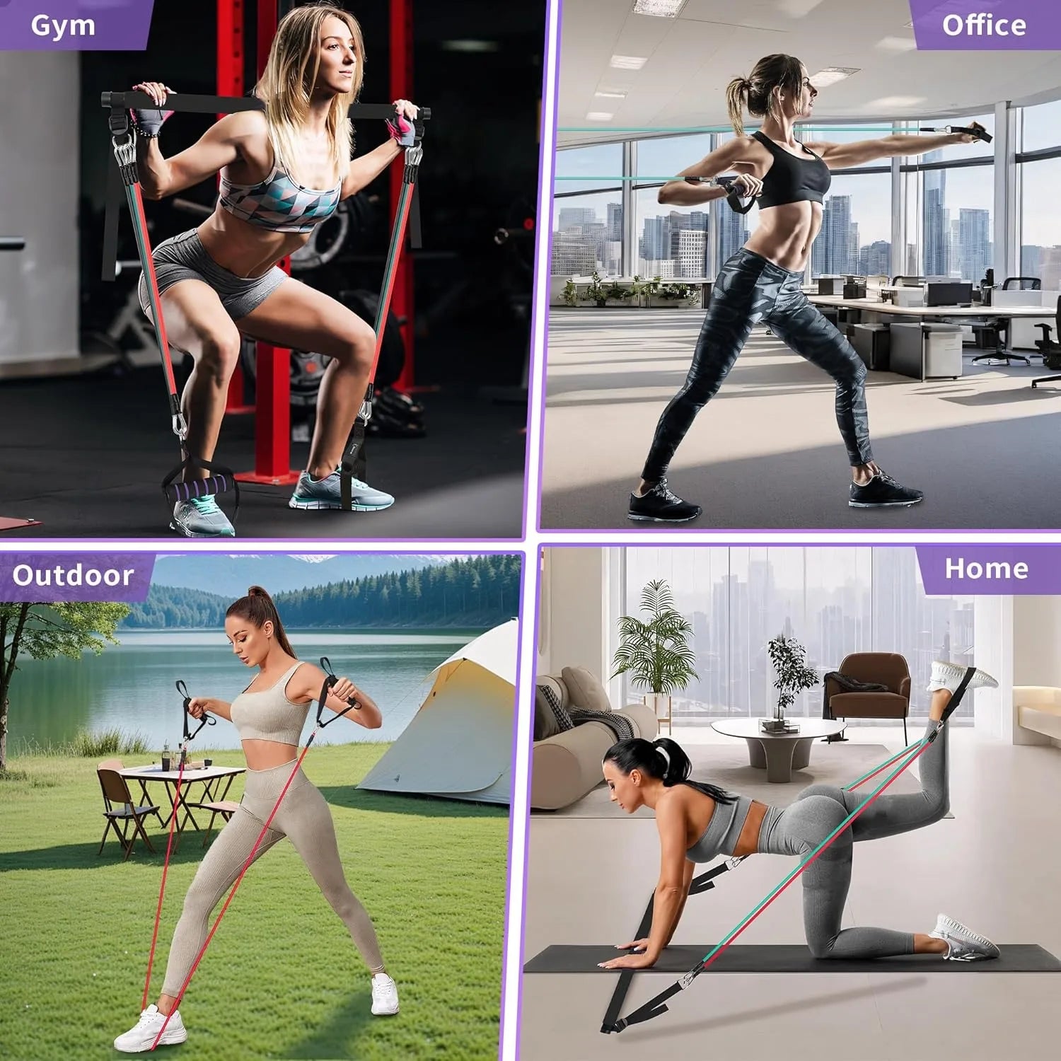 Compact and portable Pilates workout set with resistance bands for home fitness.
