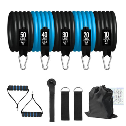  Multi-resistance yoga band set with tubes ranging up to 150 lbs for strength training.