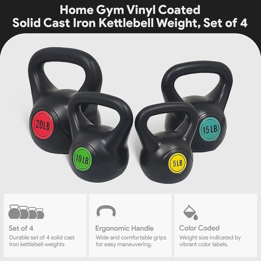 Home Gym, Vinyl Coated Solid Cast iron Kettlebell Weight. Set of 4
